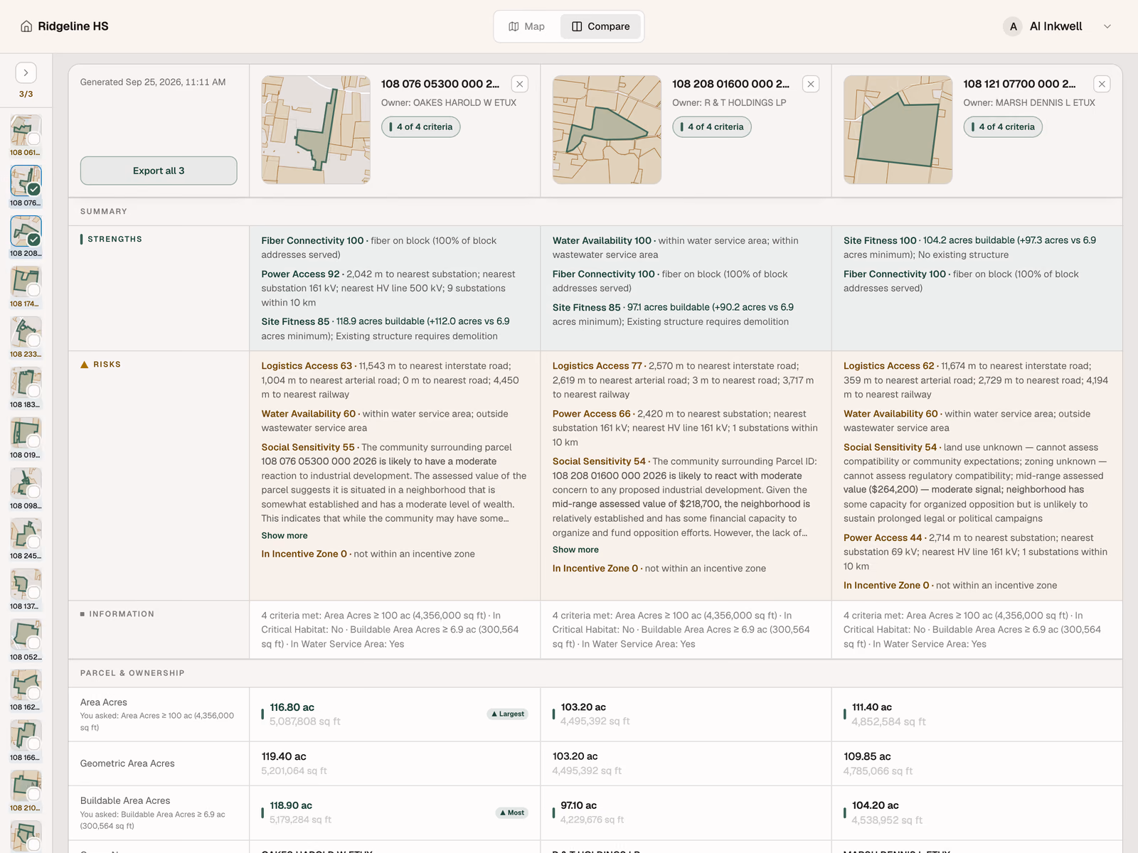 Side-by-side parcel comparison