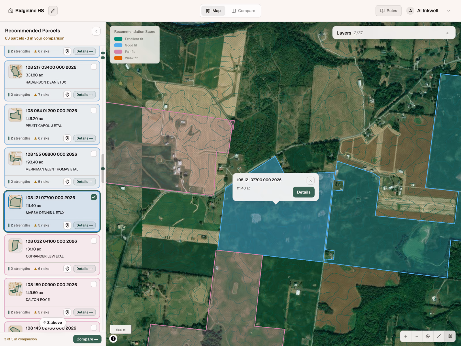 Site Feasibility map view with recommended parcels