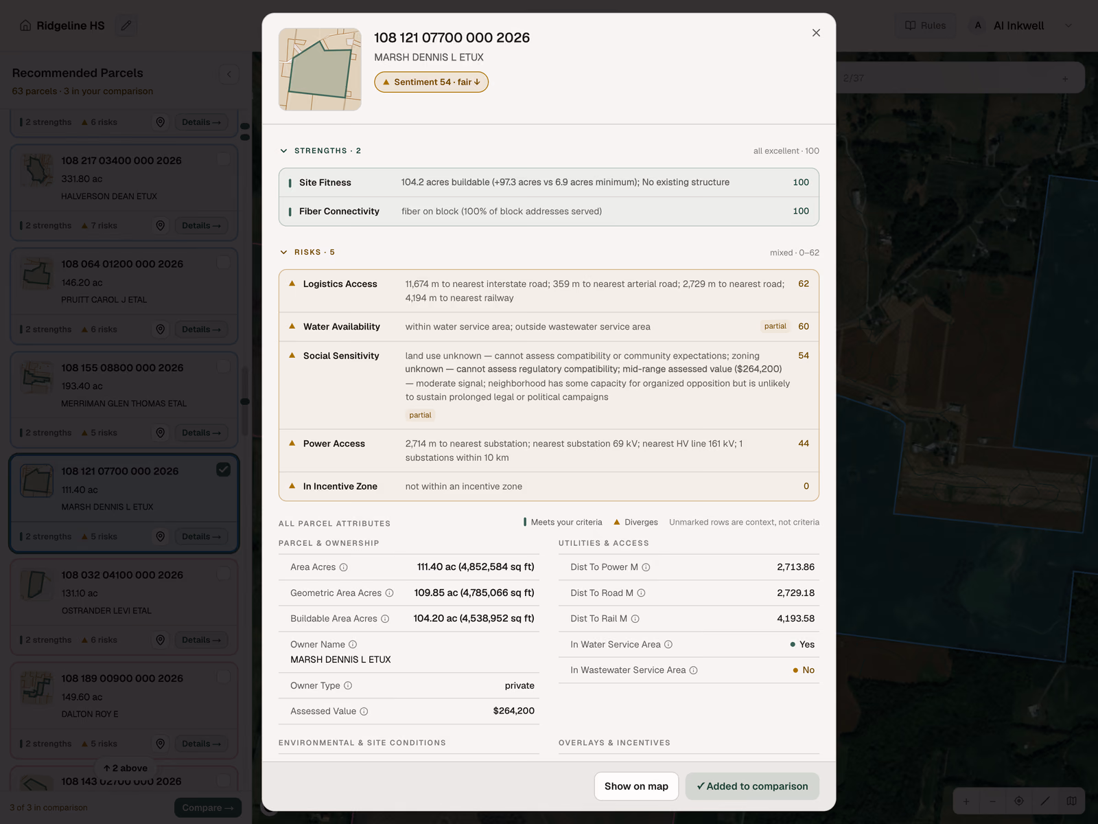 Parcel detail with strengths and risks